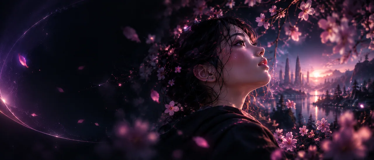 A woman beneath pink blossoms looks toward a luminous city skyline.