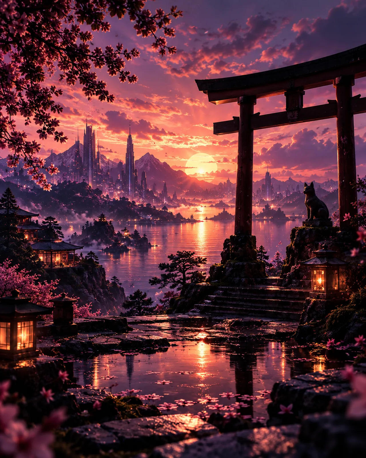 A torii gate overlooks Atara’s lantern-lit waterfront and sunset skyline.