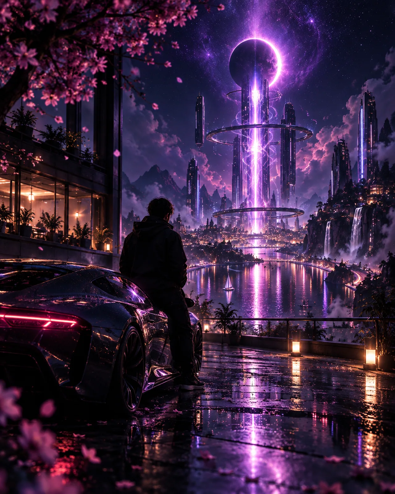A figure beside a futuristic car faces a violet eclipse above a neon city.