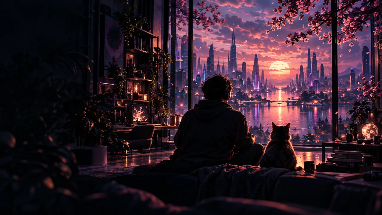 A creative and a cat look out from a warm loft over a futuristic city at sunset.